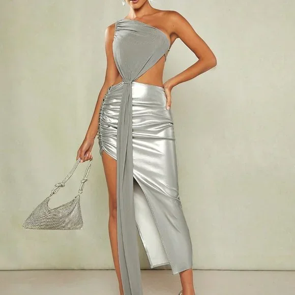 Silver Party Womens One Shoulder Draped Split Thigh Dress - Picture 3 of 5